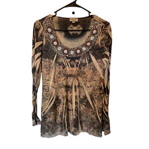 🍒 2/$20 🍒 Brown Pattern Long Sleeve Blouse with Jeweled Neckline sz M